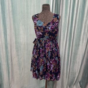 Pink Blush Knee Length Tank Pleated Floral Navy Watercolor Purple Blue Belted L